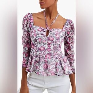 French Connection Hallie Pink Floral Peplum Blouse